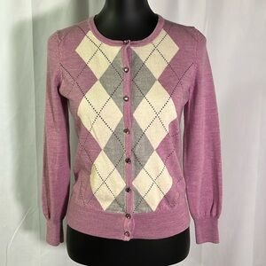 Talbots Purple Argyle Print Long Sleeve Button Front Merino Wool Cardigan